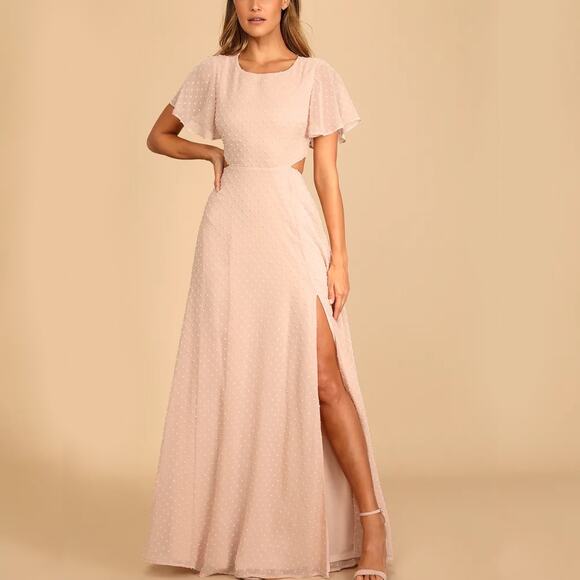 Lulus Deep in My Heart Blush Swiss Dot Cutout Maxi Dress Pink Formal Gown Large - Picture 1 of 13